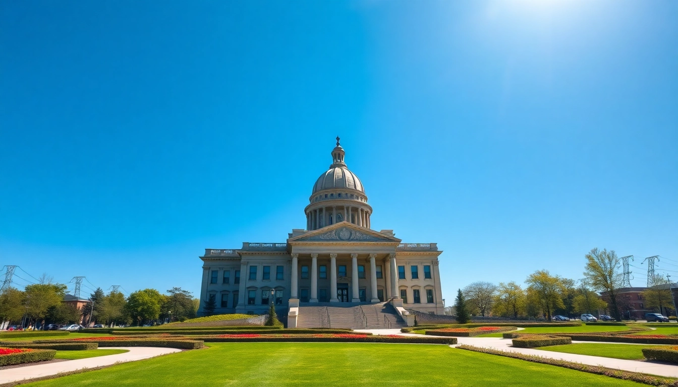 Illustration of a state government building symbolizing authority and community.