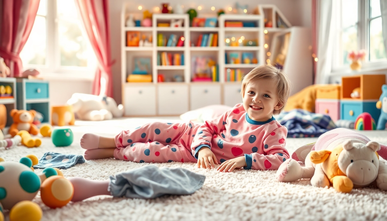 Child joyfully showcasing kids pajamas in a colorful and cozy bedroom setting.