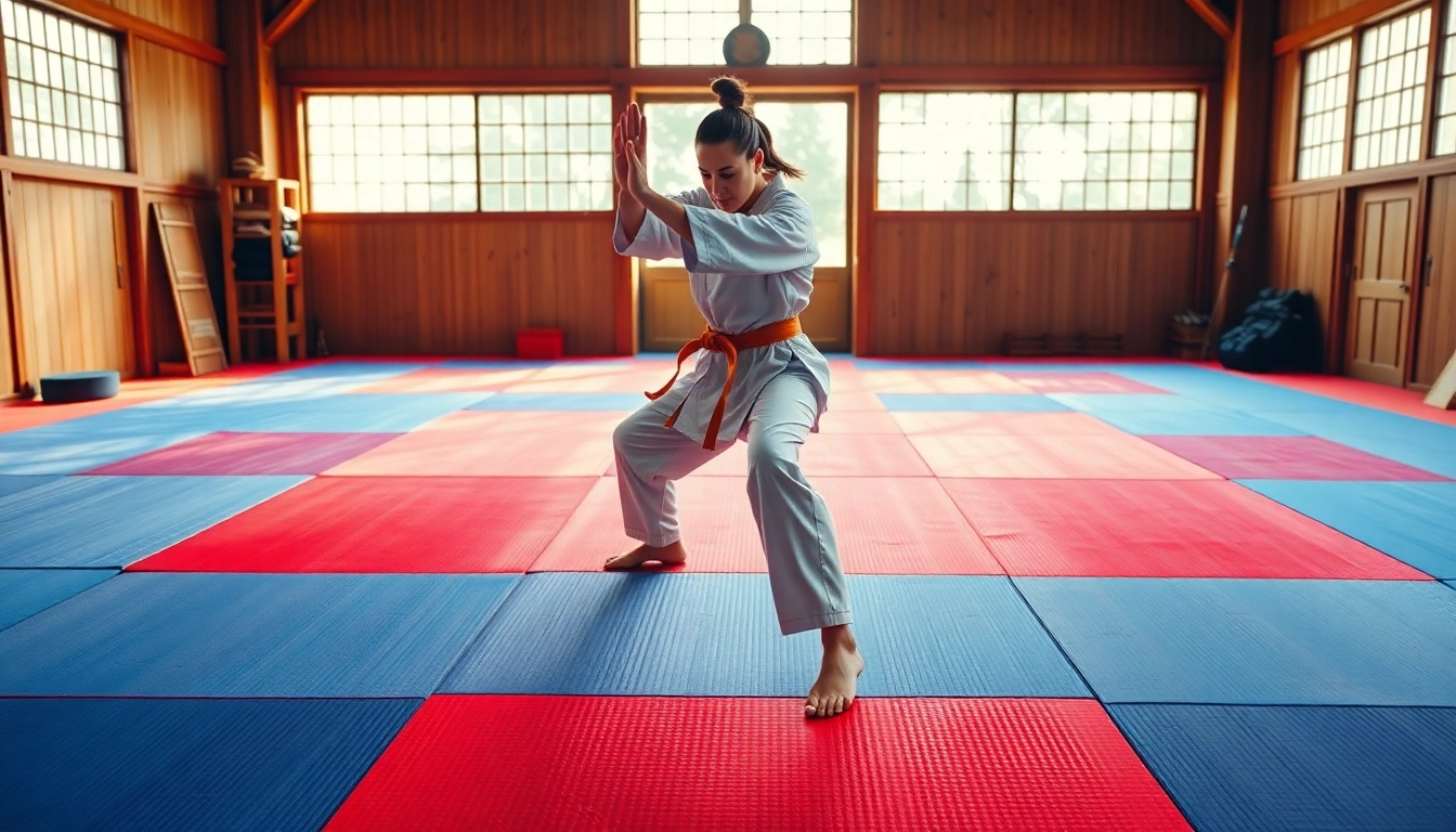 Entrenamiento en Piso tatami destacando su calidad y color vibrante en un dojo.
