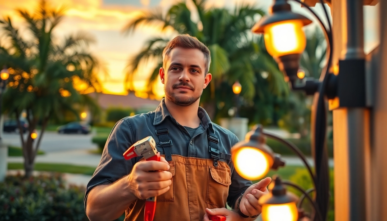 Expert Electrical Contractor Clearwater installing outdoor lighting in a sunny neighborhood setting.