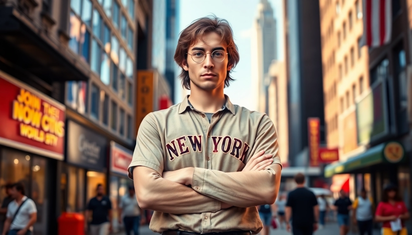 Model showcasing a stylish john lennon new york shirt against a vibrant NYC backdrop.