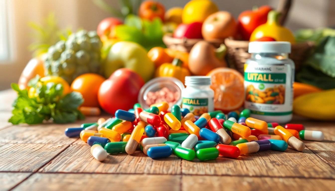 Promote Vitamin Boosters with colorful capsules alongside vibrant fruits and vegetables.
