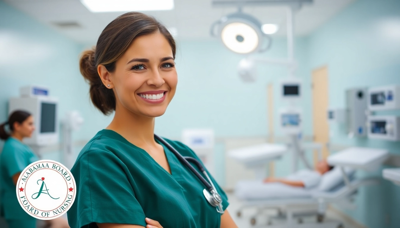 Nurse demonstrating care and professionalism in a healthcare facility associated with the Alabama Board of Nursing.