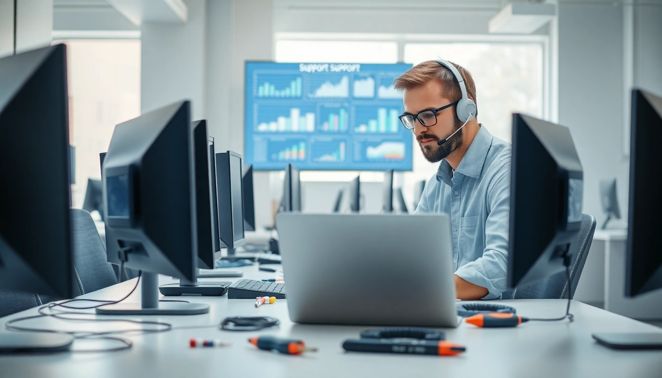 Technician delivering computer support services with modern tools in a professional environment.