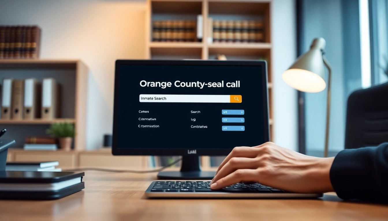 Person using the orange county jail inmate search on a computer in a modern office setting.