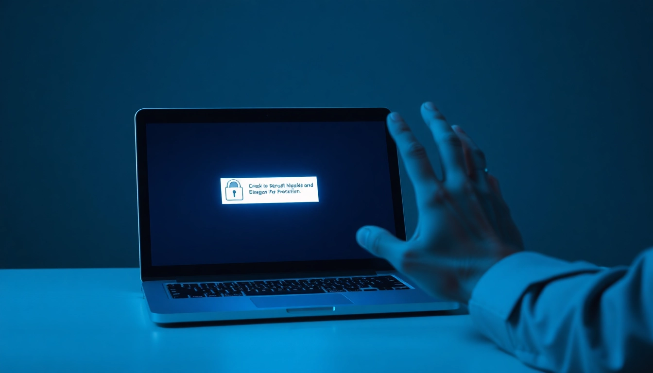 Frustrated user sees Inatogel blocked message on a laptop screen with security symbols.
