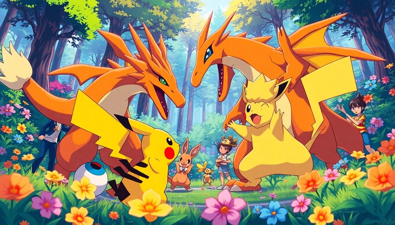 Pokémon battle between Pikachu and Charizard in a vibrant forest scene.