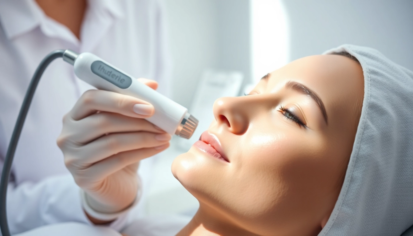 RF microneedling treatment showcased with a skincare expert using advanced technology on a patient.