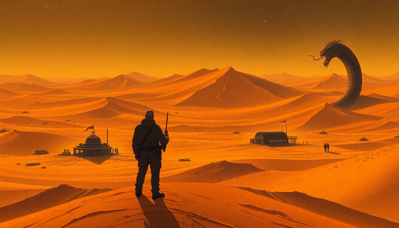 Download Dune 2 with a detailed illustration of desert strategy and battle elements.