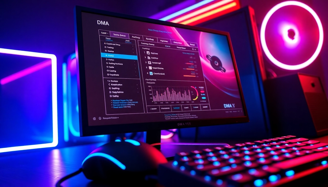 Configuring dma firmware settings on a high-tech gaming PC with vibrant RGB lighting