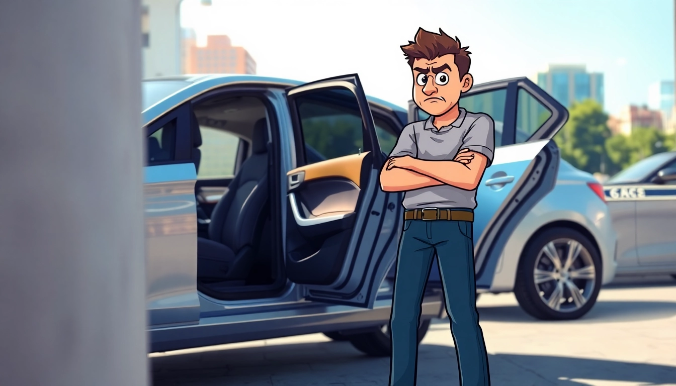 Person frustrated with keys locked in car, expressing urgency and emotion