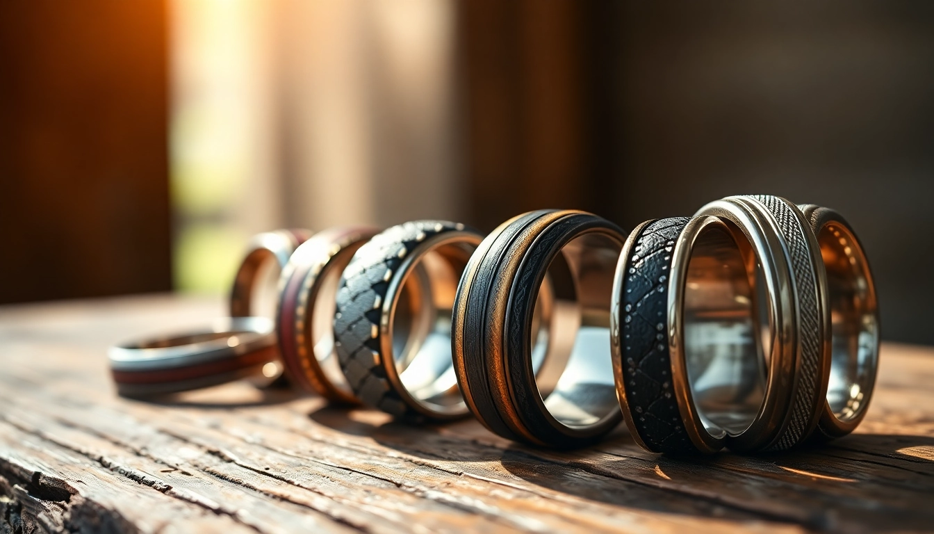 Showcase of unique men's wedding bands with various materials and intricate designs.