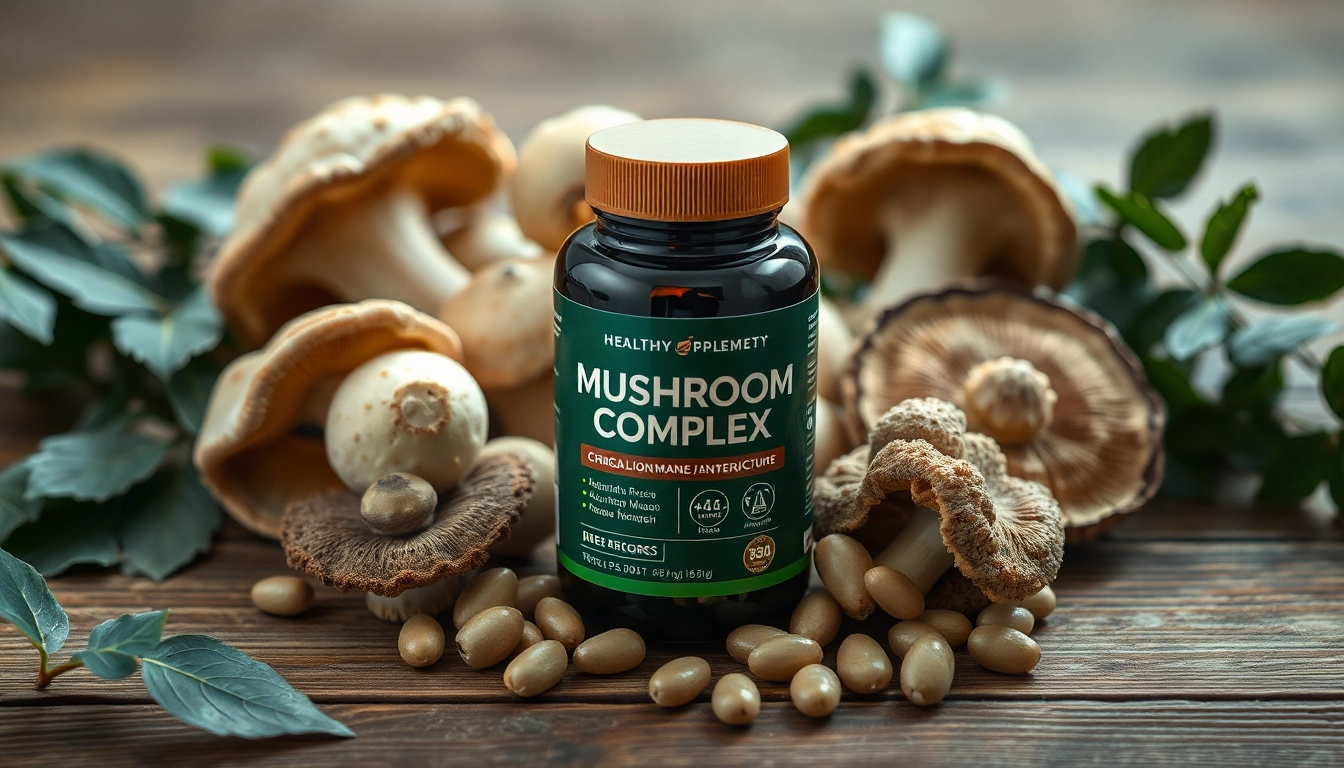 Showcase of Mushroom Complex supplement with various mushrooms emphasizing health benefits.