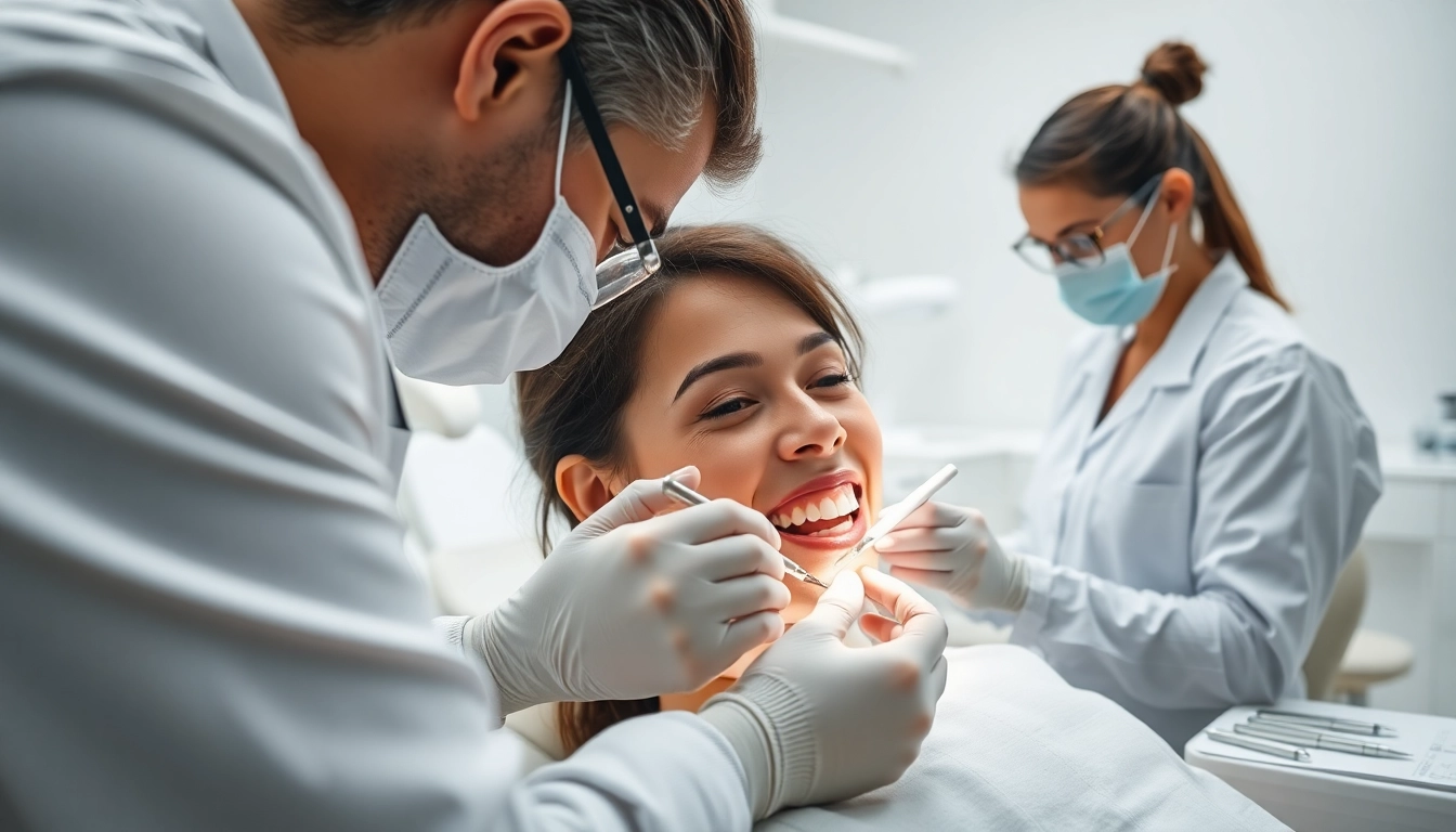 Dental clinic focusing on fillings and restorative work with a dentist and patient interaction.