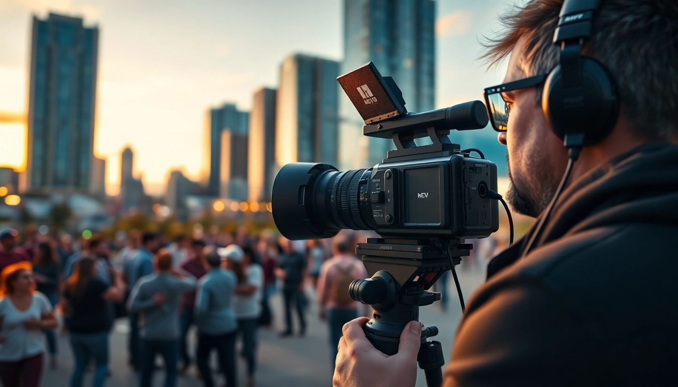 Dynamic scene of an edmonton videographer capturing a lively event in an urban setting.