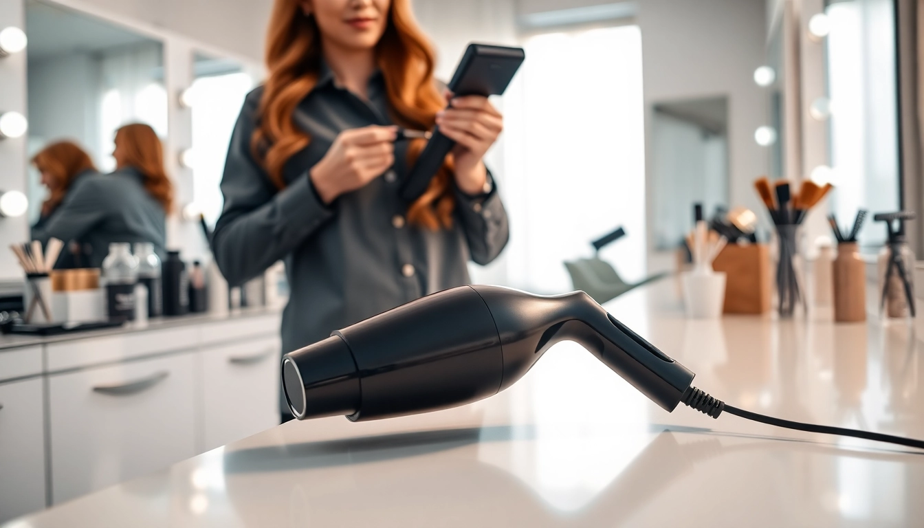 Styler hair dryer displayed elegantly on a stylish countertop in a modern salon setting.