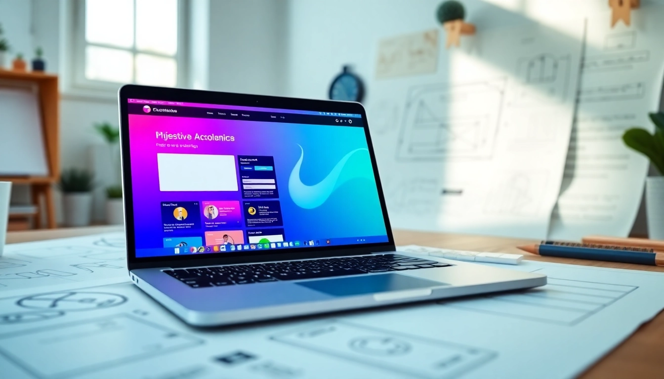 Showcasing a modern website design on a laptop in a creative workspace environment.