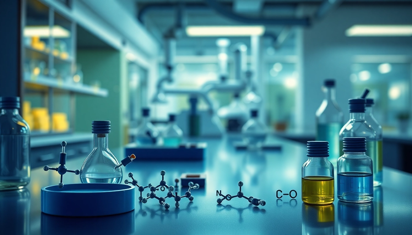 Synthesized compounds of synthetic cannabinoids displayed in a well-equipped laboratory environment.