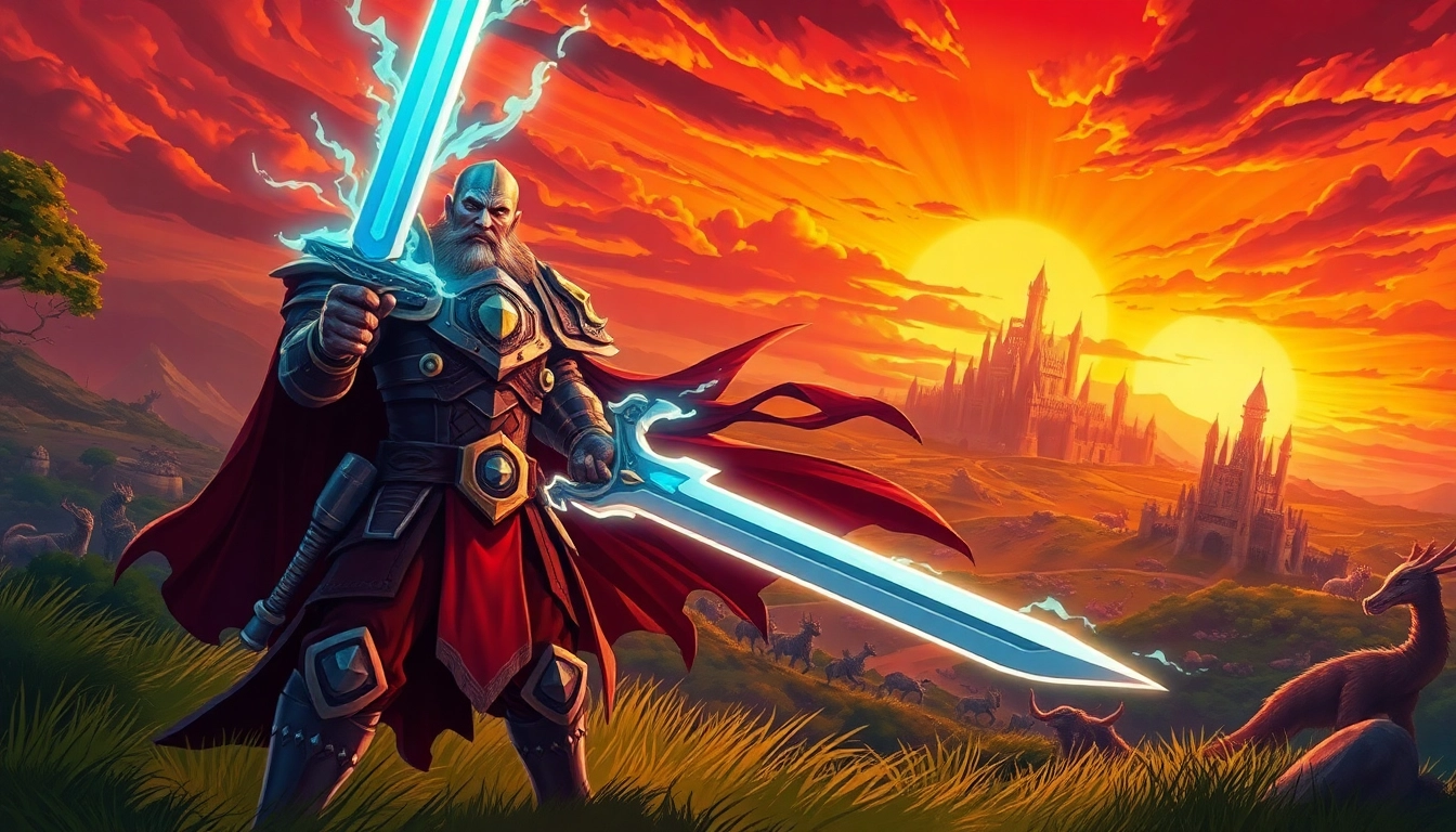 Warlords engage in an epic battle, showcasing a fierce warlord with a glowing sword in a vibrant fantasy landscape.