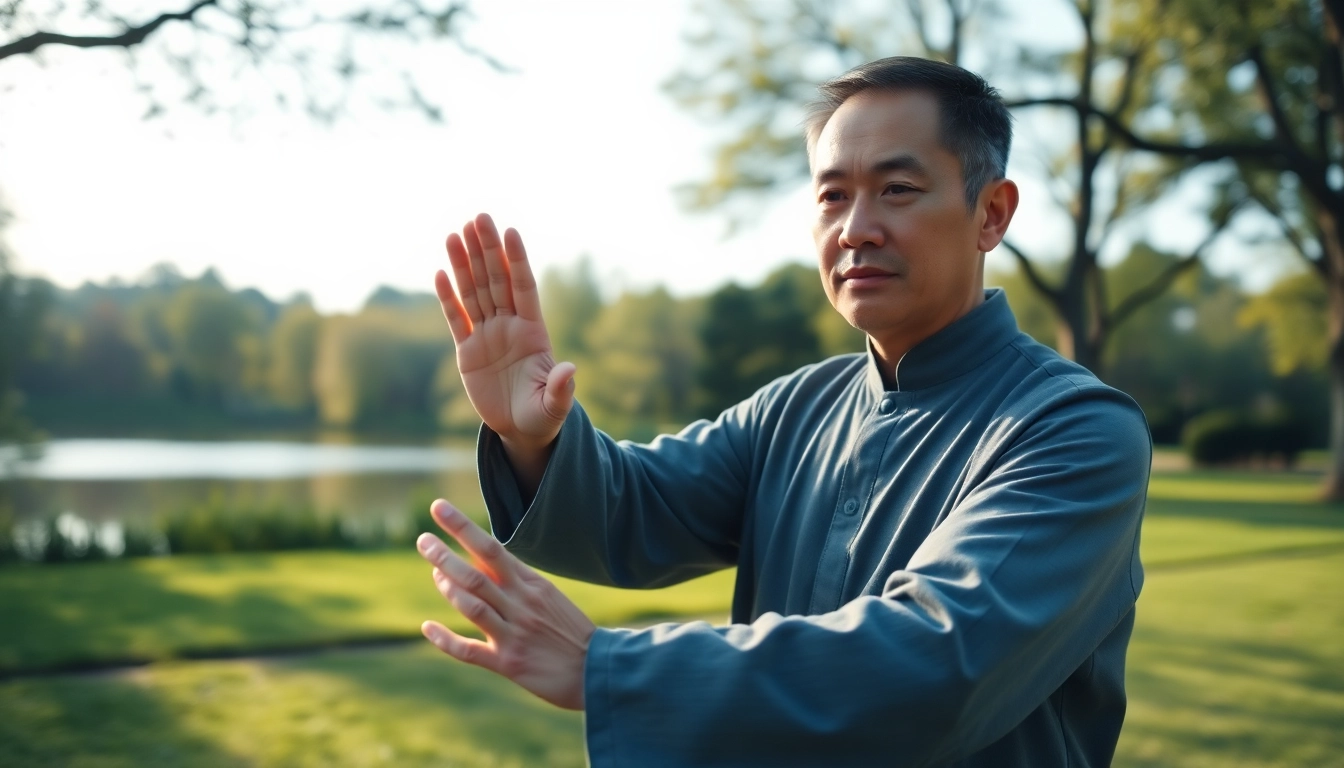 Learn Tai Chi Online with a focused instructor performing in a serene natural setting.