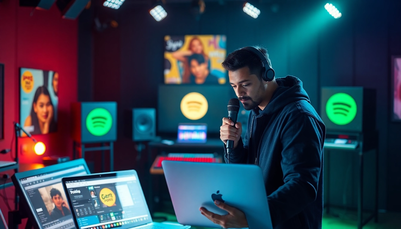 Promoting Spotify promotion services with a dynamic music artist in a modern studio setting