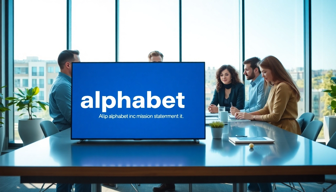 Illustration of team collaboration focused on the alphabet inc mission statement in a modern office setting.