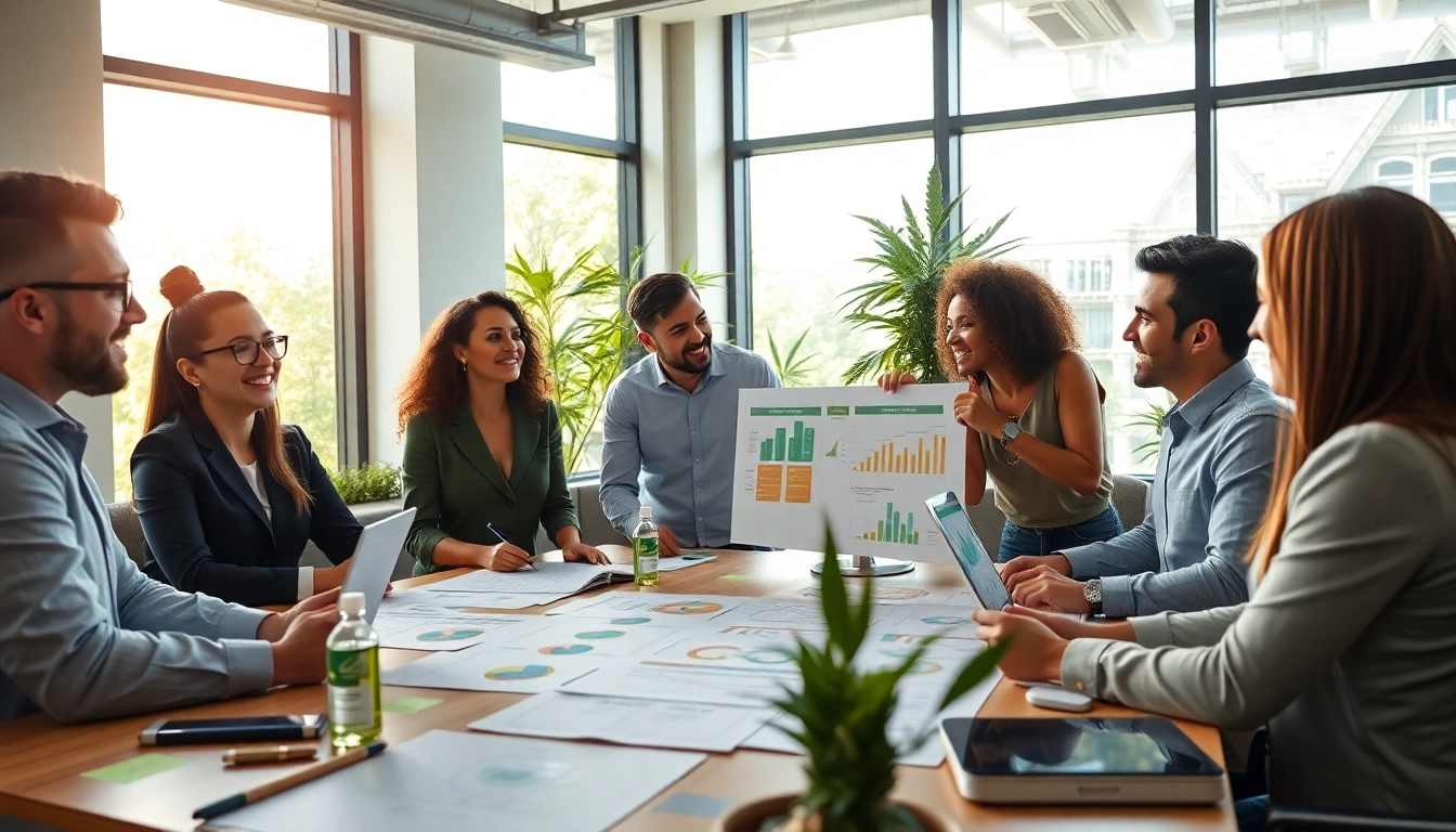 Cannabis marketing agency team collaborating in a vibrant professional office environment.