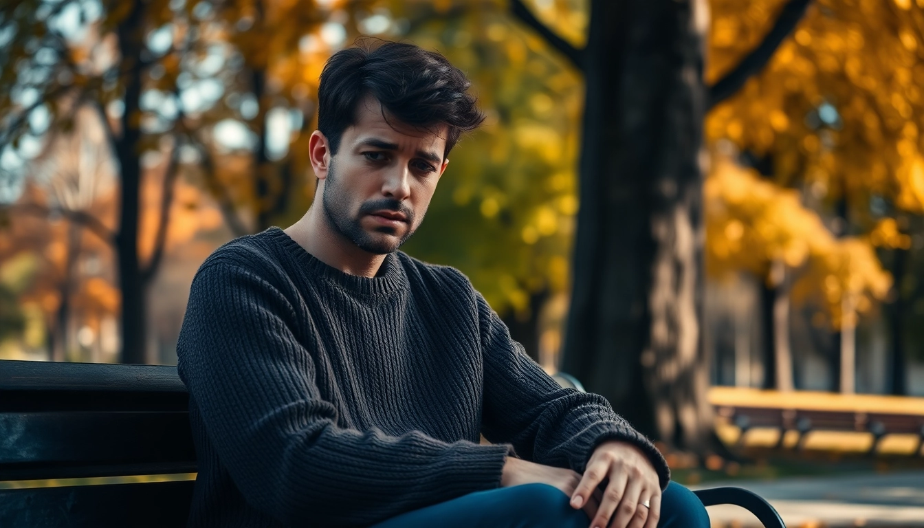 Reflecting on relationship breakup, a person sits on a park bench in an emotional moment.