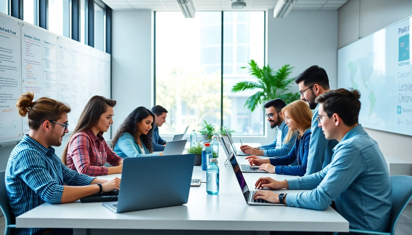 Web development team collaborating creatively in a bright, modern office environment.