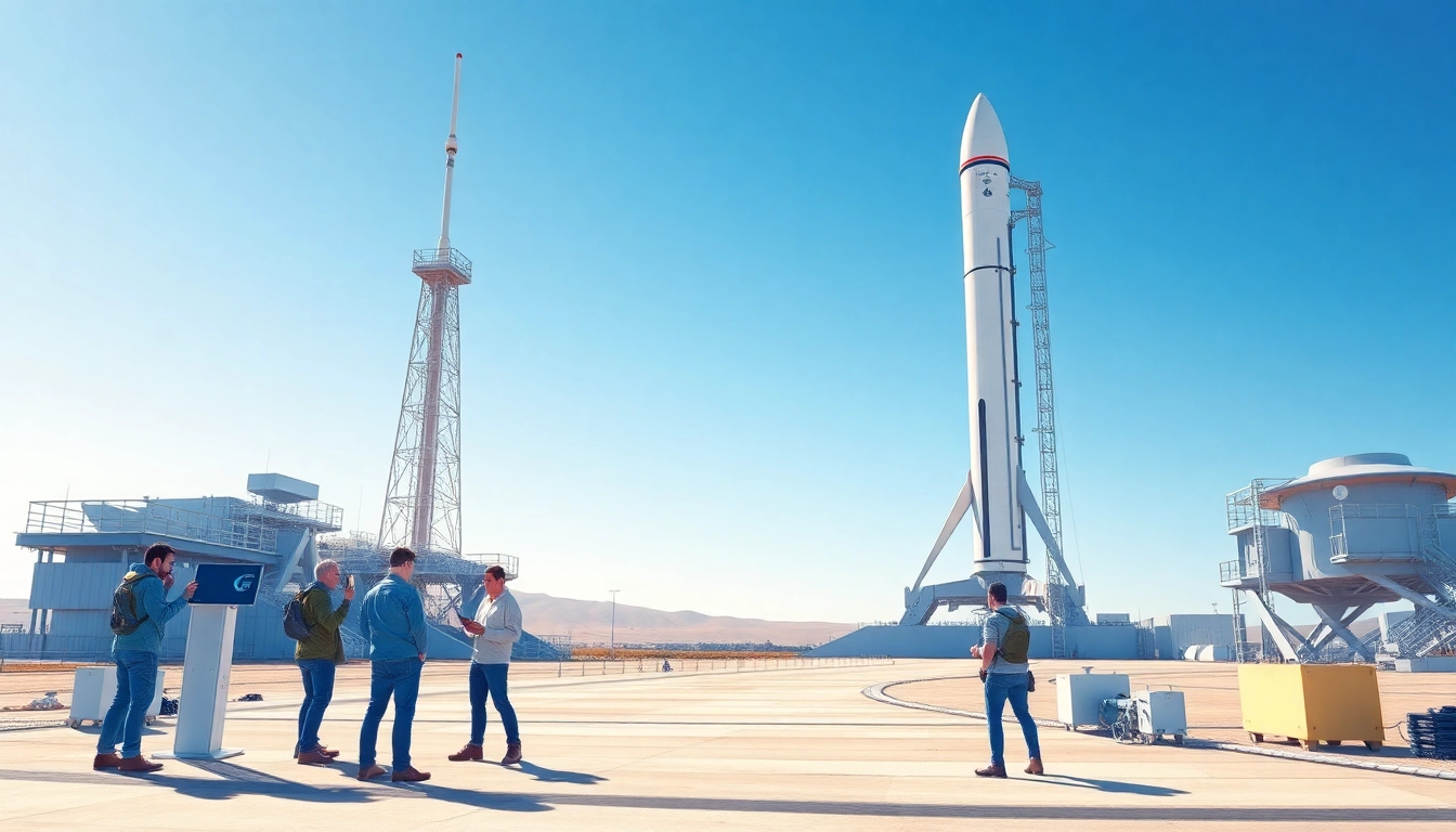 View of Rocket Lab launch site featuring engineers and advanced technology preparing for a rocket launch.