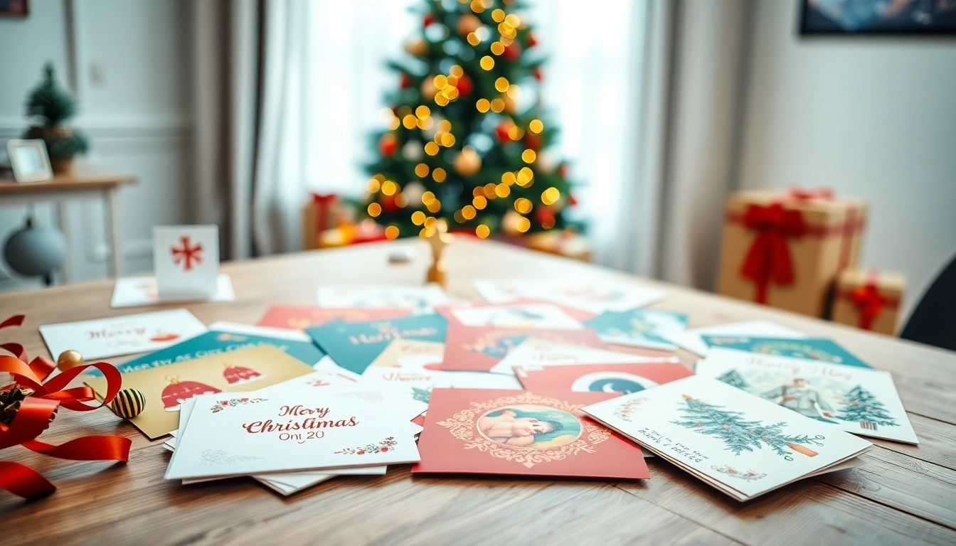 Crafting next day Christmas cards with artistic designs on a festive workspace.