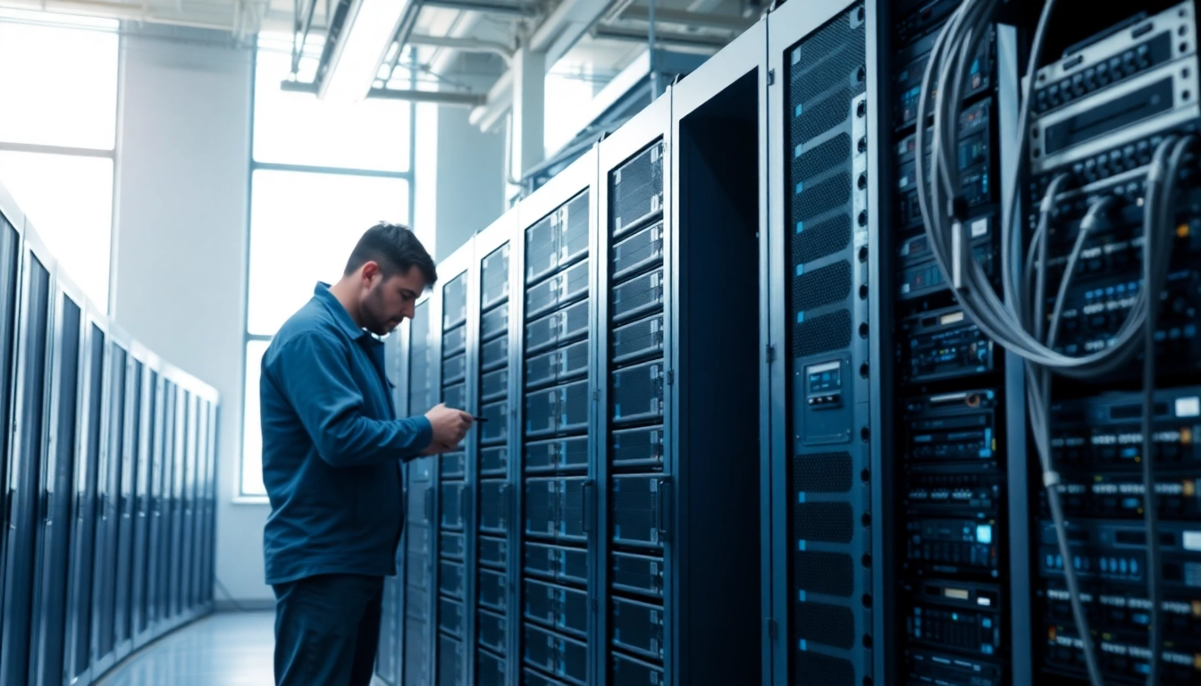 Effizientes Server kaufen in einem modernen Rechenzentrum mit einem Techniker im Vordergrund.