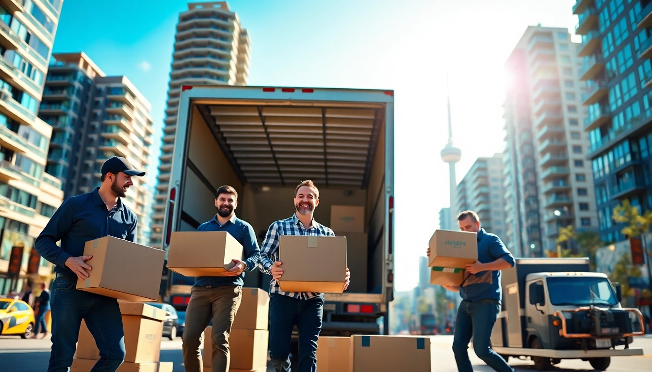 Efficient Toronto moving services team loading boxes into a truck against the skyline.