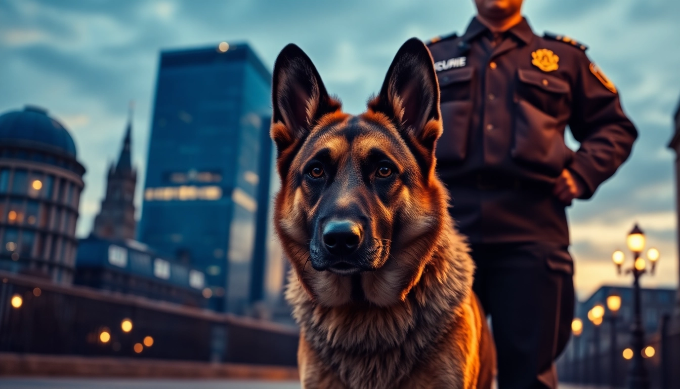 Security Dog Services Leeds showcasing a trained dog with a security officer in an urban setting at dusk.