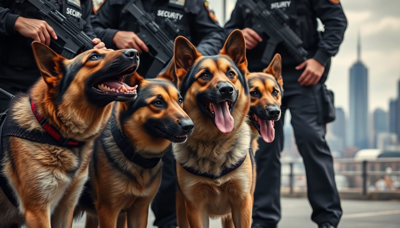 Security Dog Services Leeds team in action, showcasing trained dogs and handlers on duty.