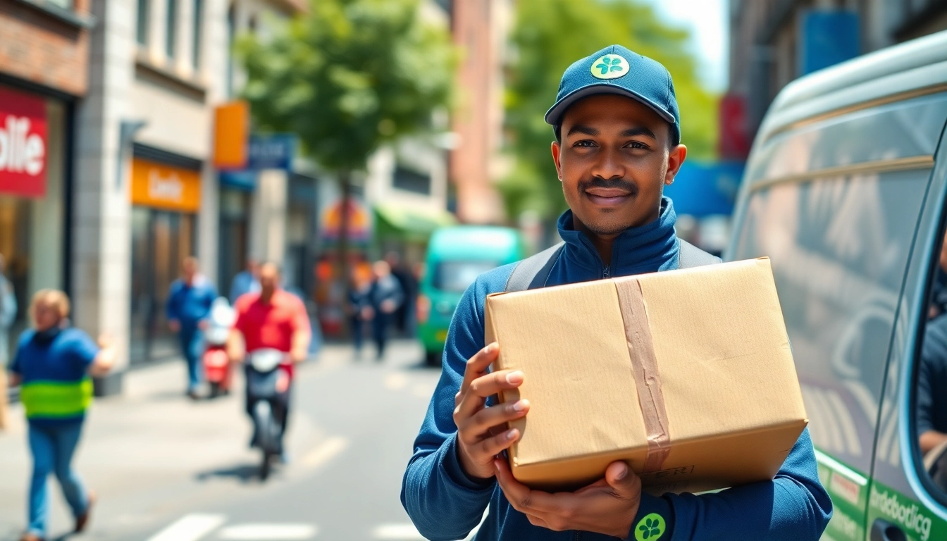 Delivering a Shropshire courier package amid a busy urban landscape.
