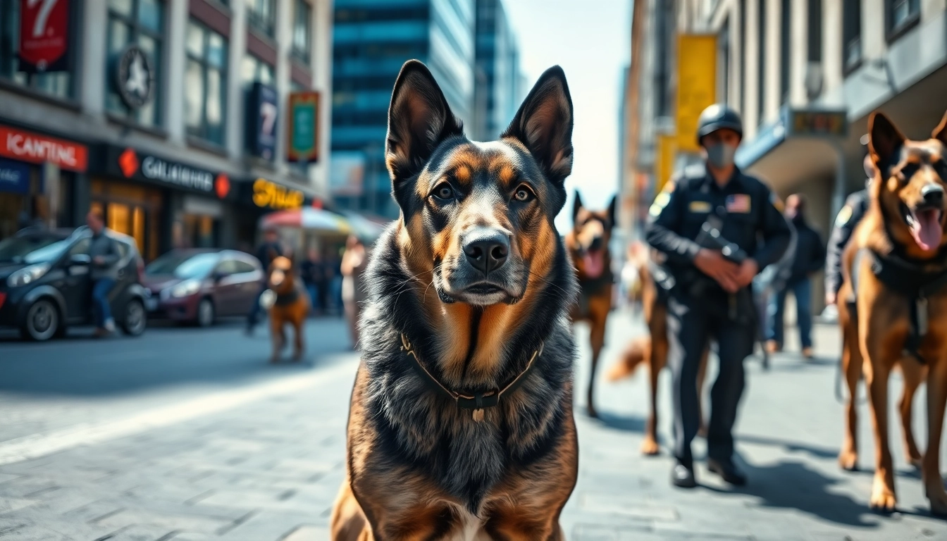 Security Dog Services Leeds featuring an alert dog ready to protect in an urban environment.
