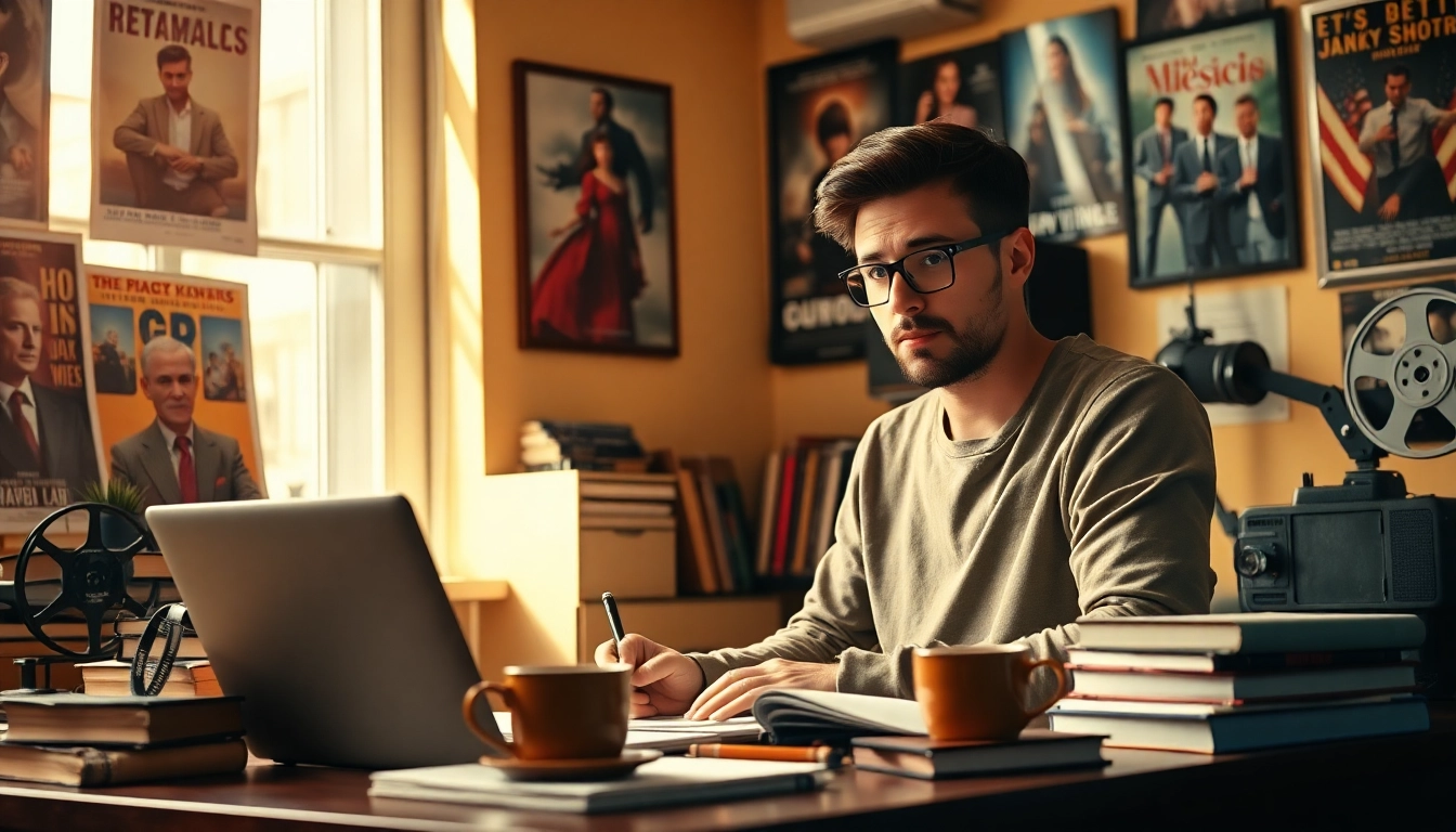 Engaging film review blogger at http://everymoviehasalesson.com in a warm, cozy office, writing about cinematic lessons.