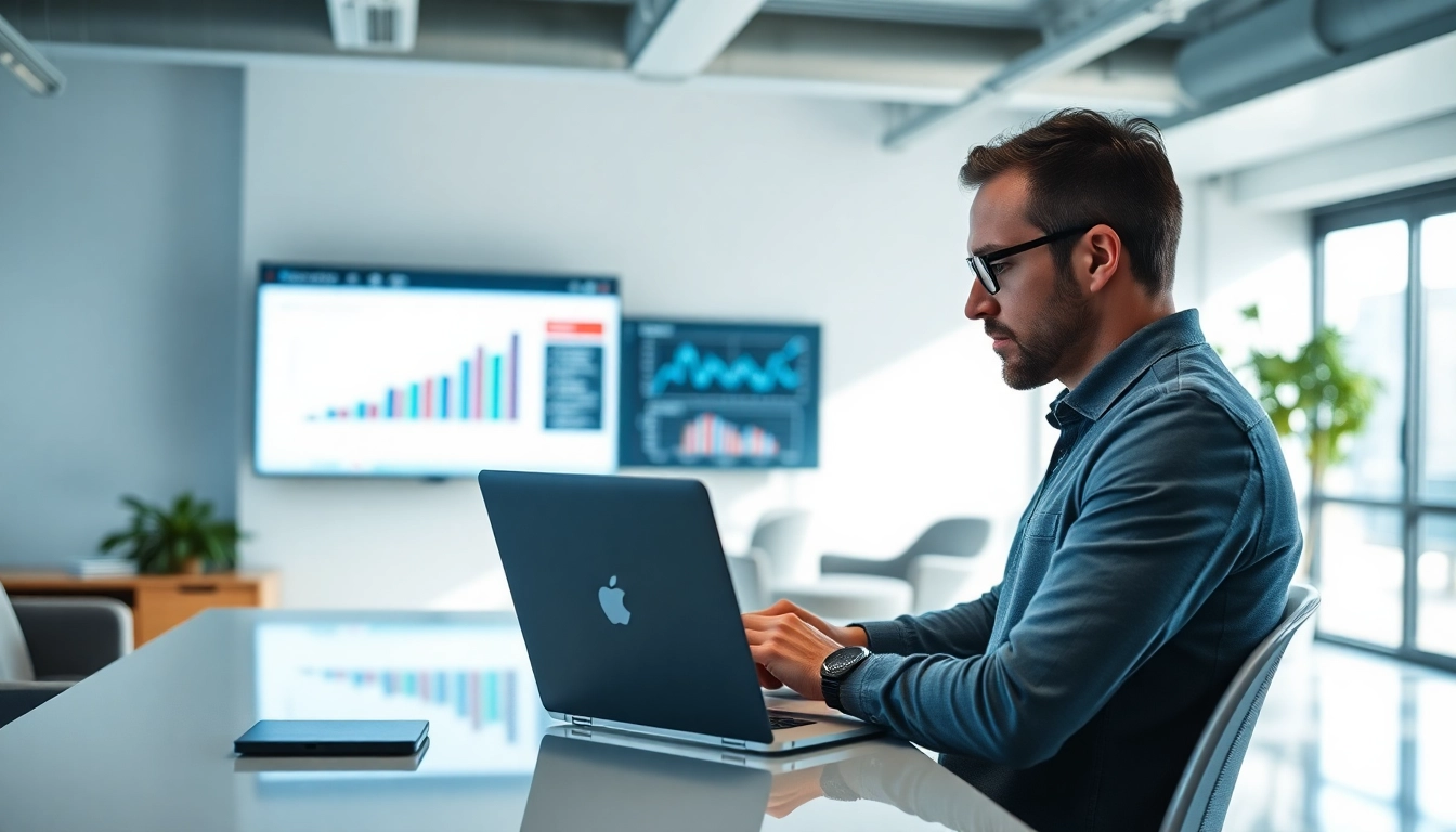 Showcasing web design and SEO services in a modern office environment with a designer and analytical tools.