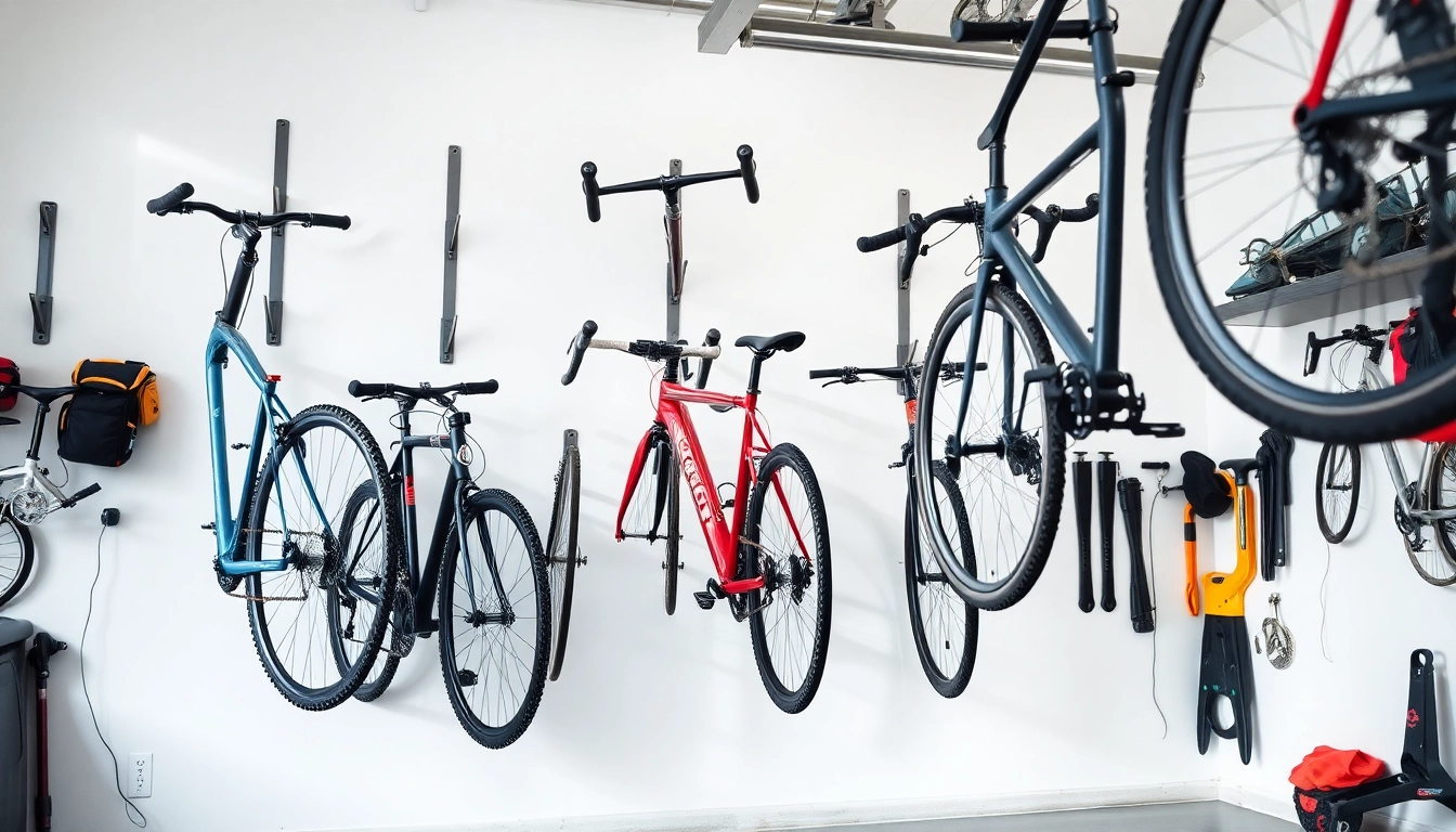 Organized wall-mounted bike storage with sleek design, showcasing various bicycles neatly arranged.