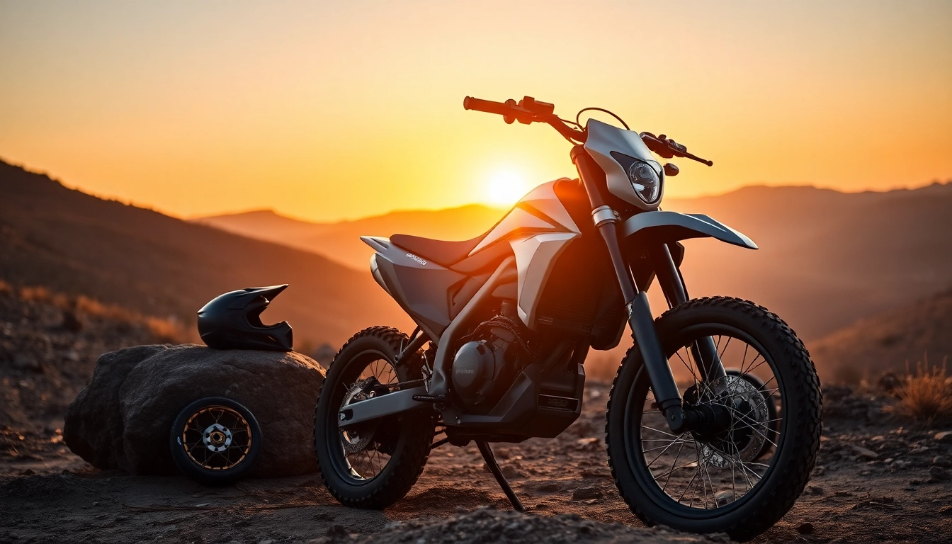 E Ride Pro S electric dirt bike in an adventurous sunset setting with rugged terrain and protective gear.