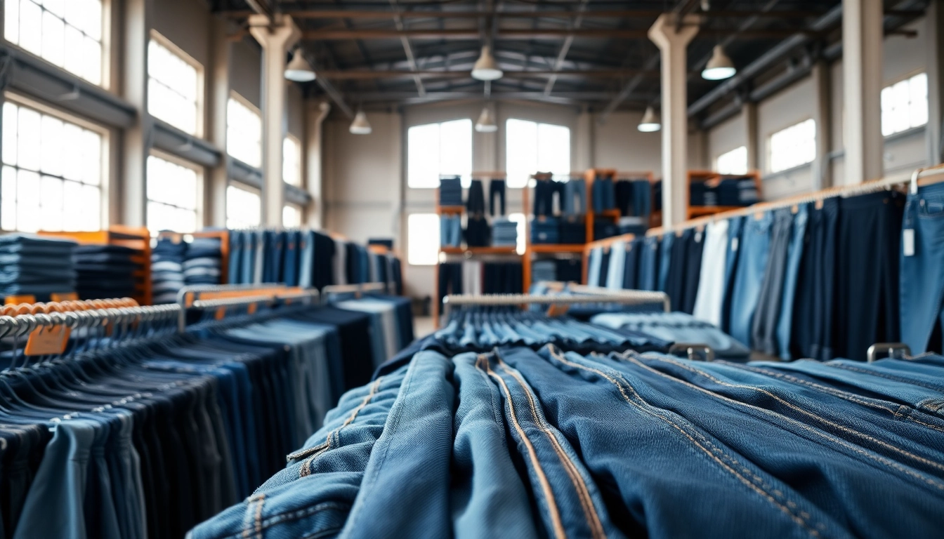 Showcase of wholesale jeans manufacturers emphasizing variety and quality denim styles.