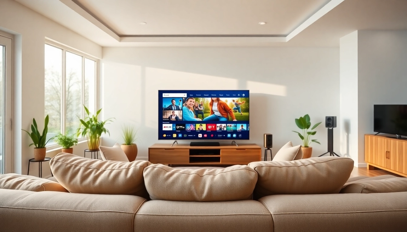 Abonnement iptv sur un téléviseur moderne avec un éclairage naturel dans un salon