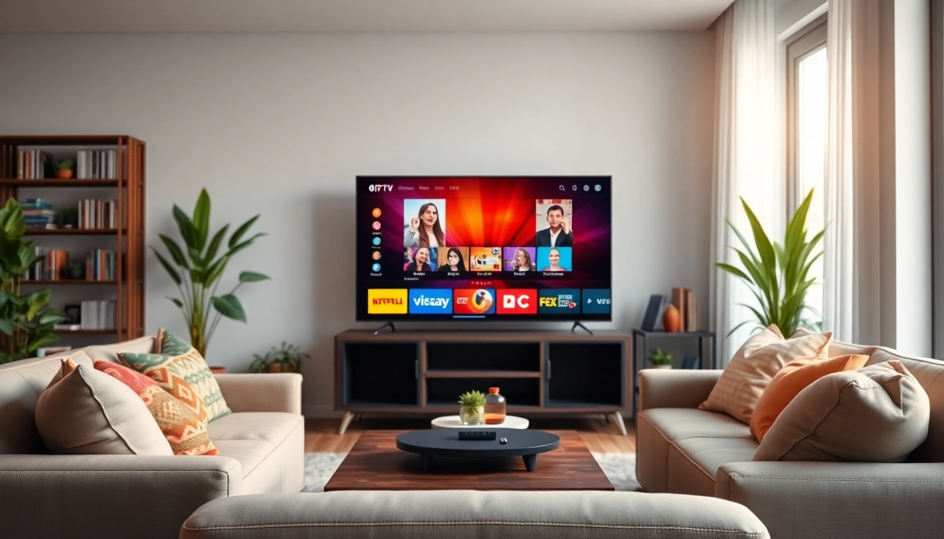 Utilisez un service IPTV sur un téléviseur moderne dans un salon bien éclairé.