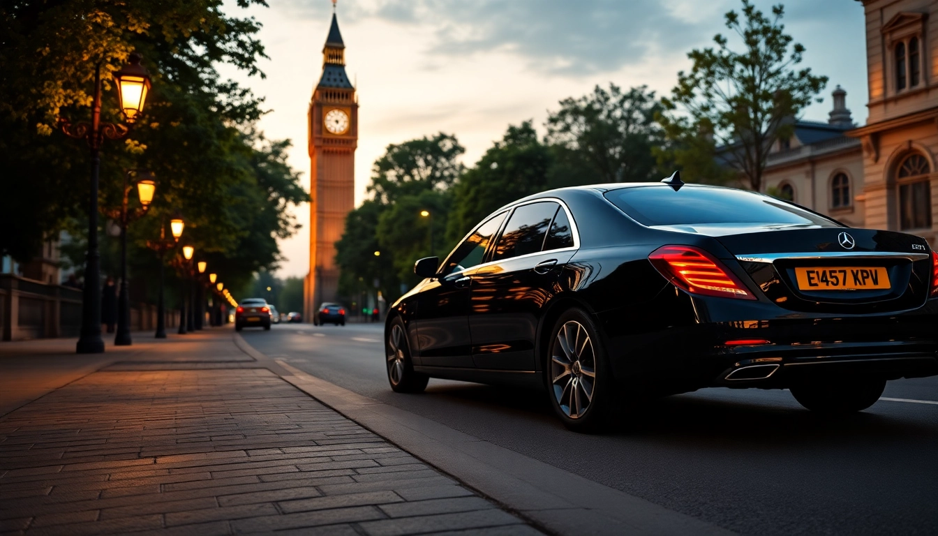 Experience luxury chauffeur hire london with a polished black car set against London's iconic skyline.