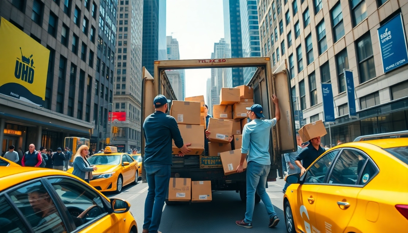 Watch Cheap movers nyc loading boxes into a truck on a bustling NYC street, showcasing teamwork and urban life.