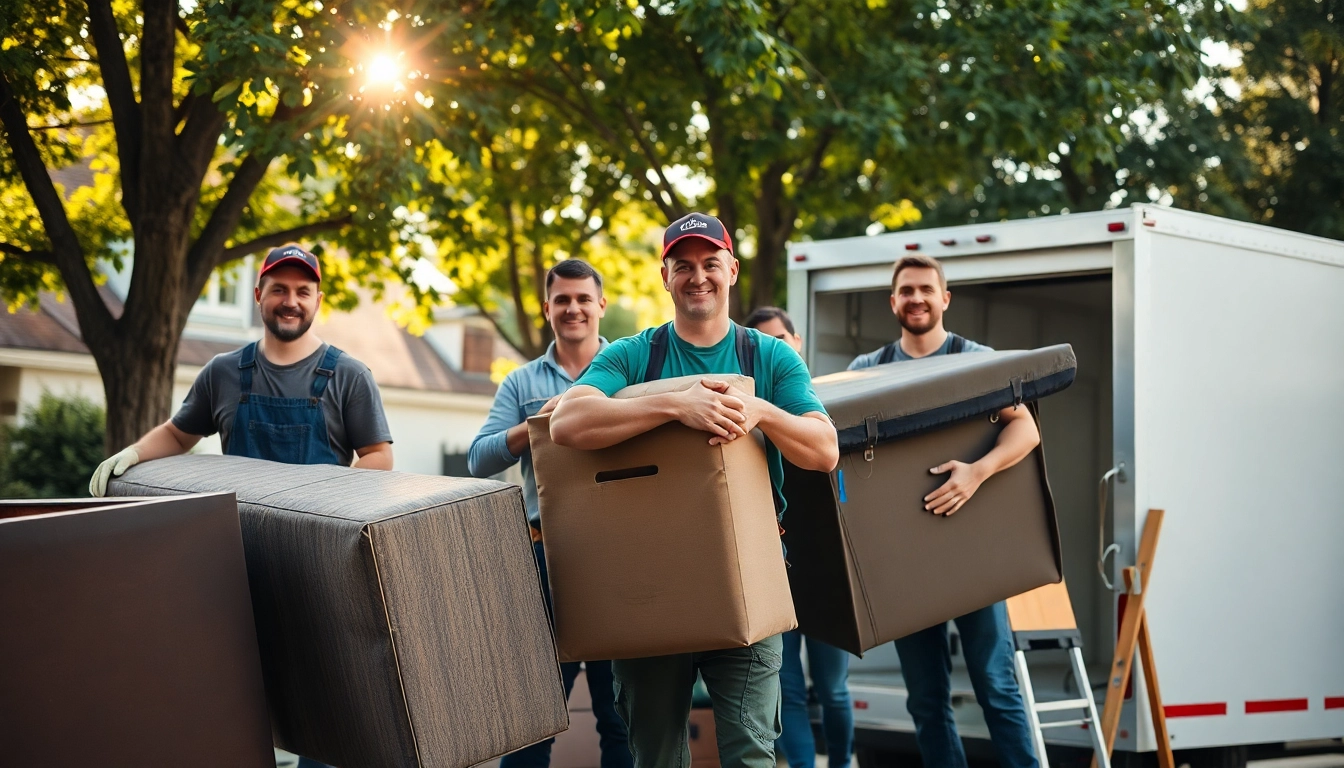 Efficient junk removal near me showcased by a friendly team transporting large items.