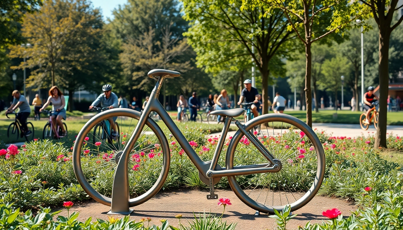 Stylish designer bike rack in a lush park, attracting attention from cyclists.