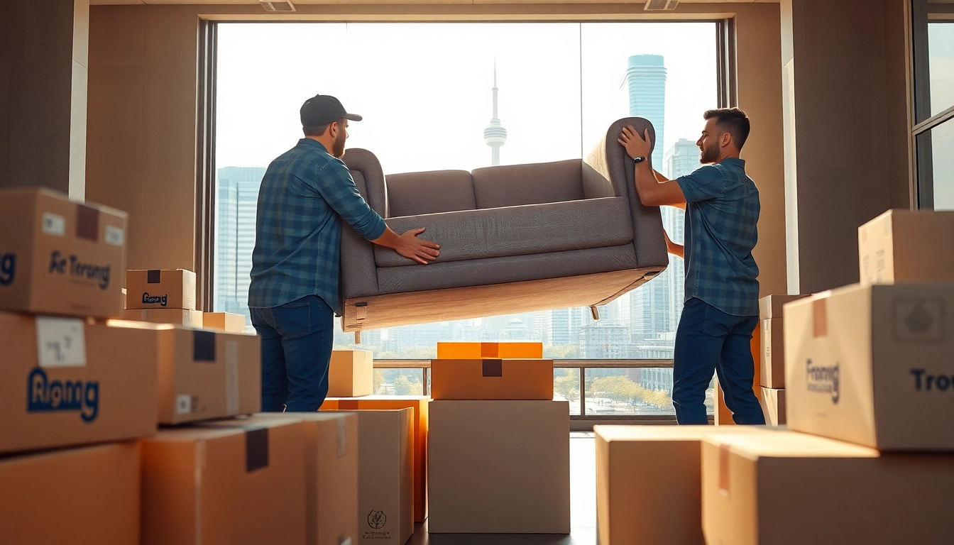 Local Toronto movers transporting furniture with teamwork in a bright urban setting.