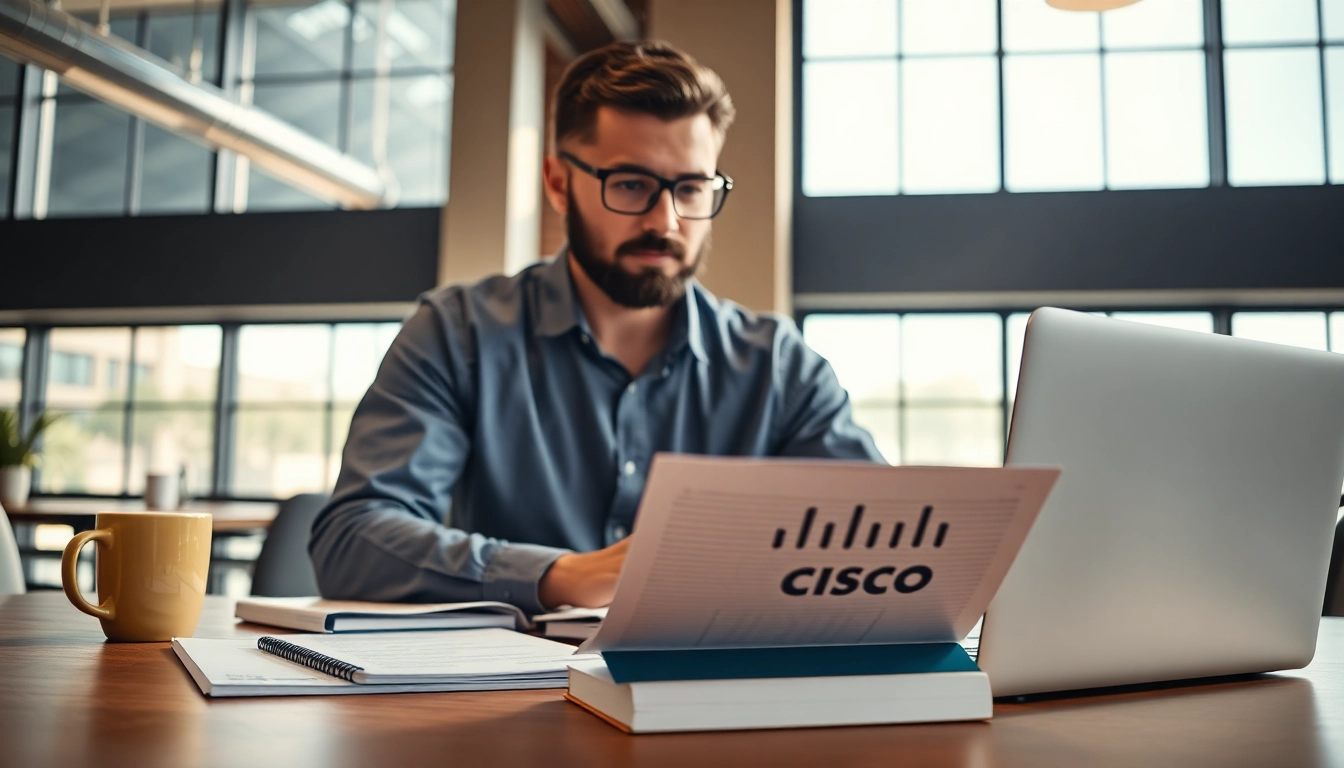 Renew Cisco Certification process illustrated with a technician studying in a modern office.